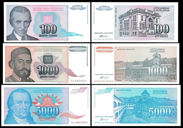 Yugoslavia 3 Pcs Set, 100 1000 5000 Dinars 1994, UNC, P-139 140 141