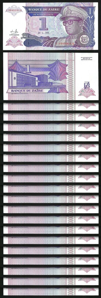 Zaire 1 Zaire 1993, UNC, 20 Pcs LOT, Consecutive, P-52, Large