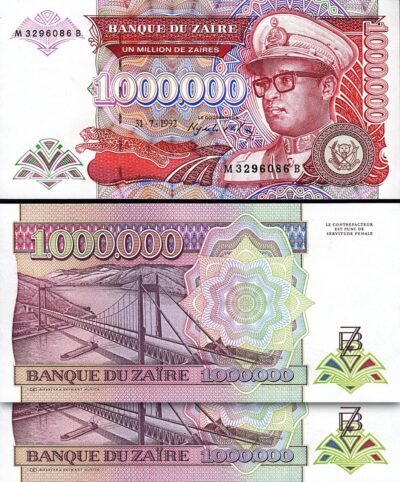 Zaire 1,000,000 1000000 1 Million Zaires 1992, UNC, 2 Pcs Consecutive Pair, P-44
