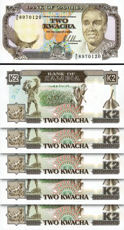 Zambia 2 Kwacha 1989, UNC, 5 Pcs LOT, Consecutive, P-29, Sign 8