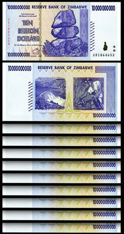 Zimbabwe 10 Billion 10,000,000​,000 Dollars 2008, UNC, 10 Pcs LOT, P-85 Prefx AA
