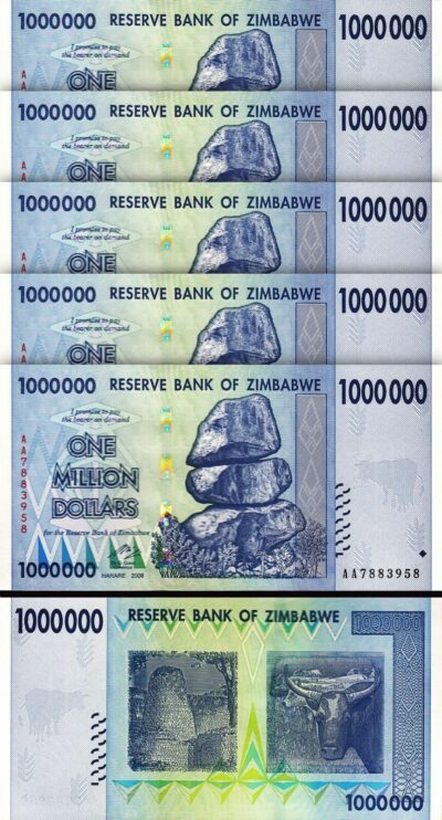 Zimbabwe 1000000 - 1,000,000- 1 Million $ 2008, UNC, 5 Pcs LOT, Consecutive,P-77