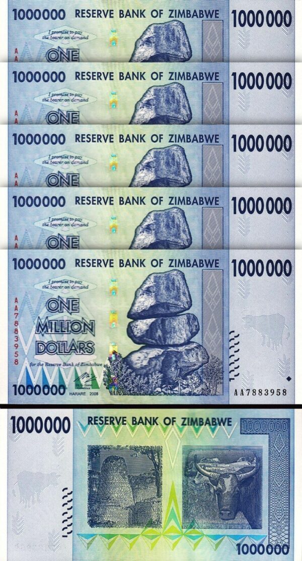 Zimbabwe 1000000 - 1,000,000- 1 Million $ 2008, UNC, 5 Pcs LOT, Consecutive,P-77