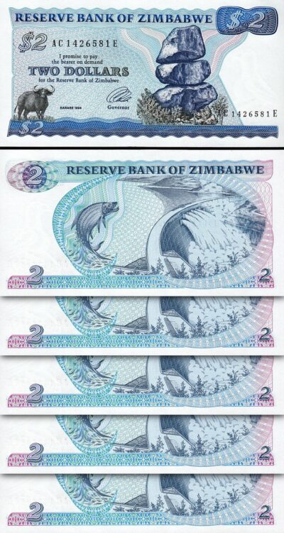 Zimbabwe 2 Dollars 1994, UNC- 5 Pcs LOT, P-1c